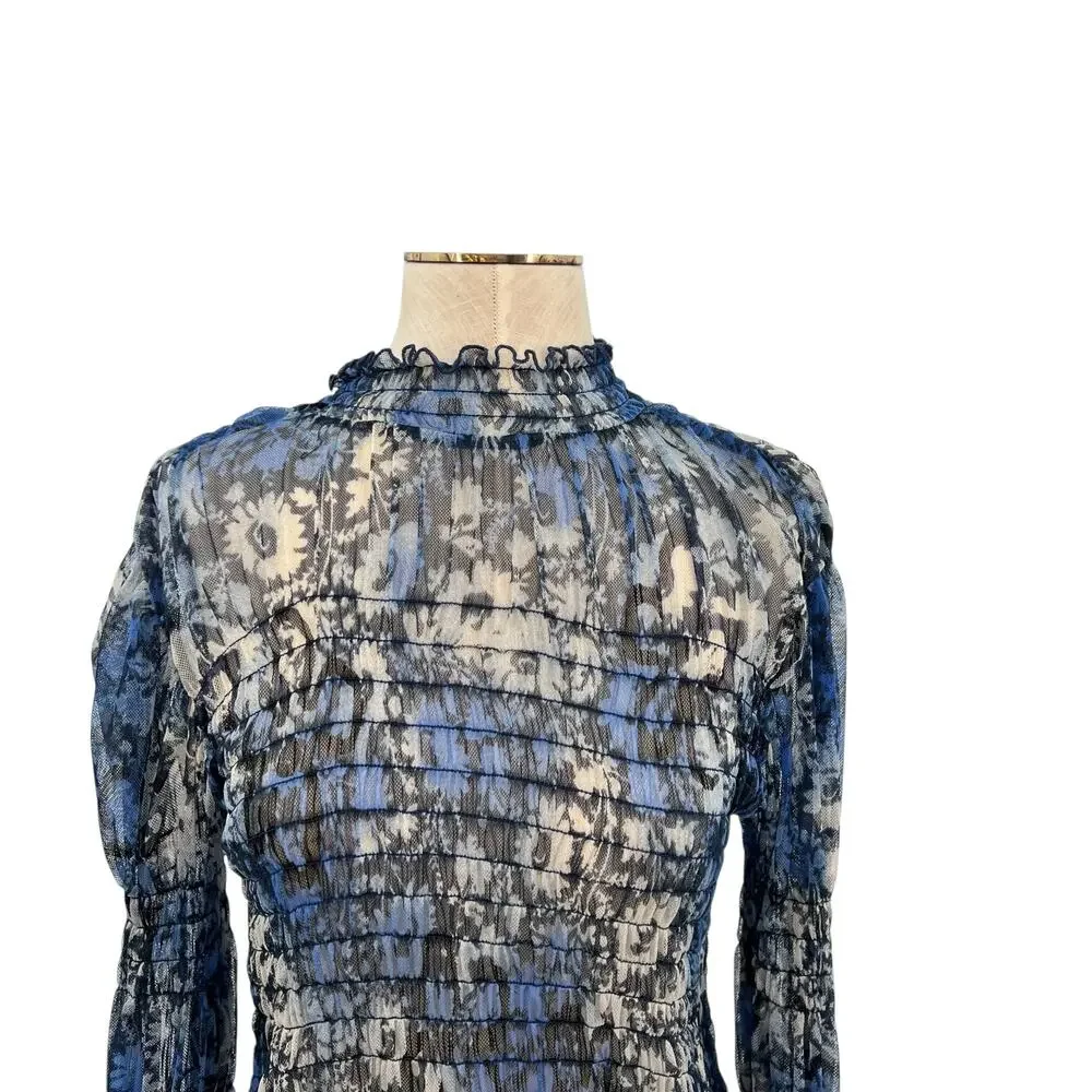 Free People Hello There Top‎ Blouse Smocked Flare Sleeve Mesh Floral Blue Large